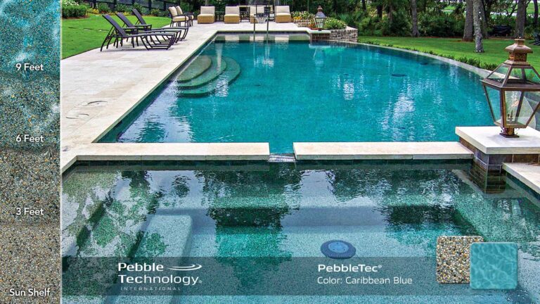 photo of PebbleTec Caribbean Blue Pool Finish: A natural assortment of gold and grey pebbles producing a rich teal water color