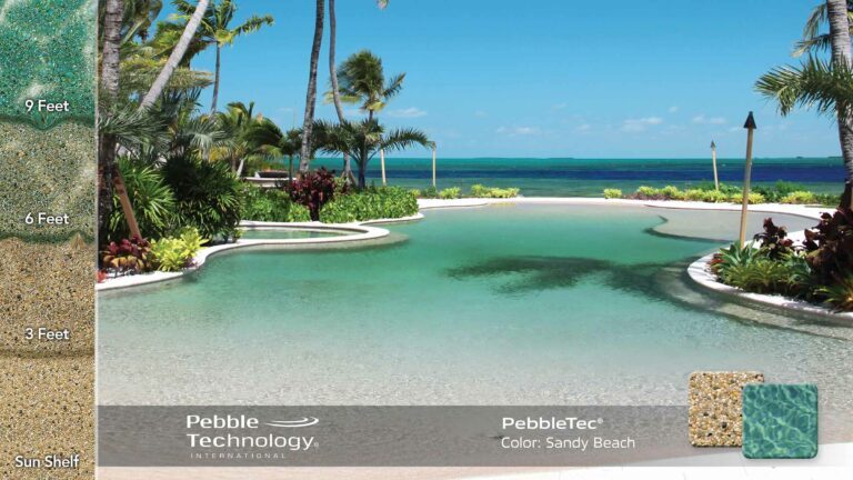 photo of a resort pool in PebbleTec Sandy Beach Pool Finish: Natural-toned pebbles that mimic the color of sand on the beach produce a green water color.