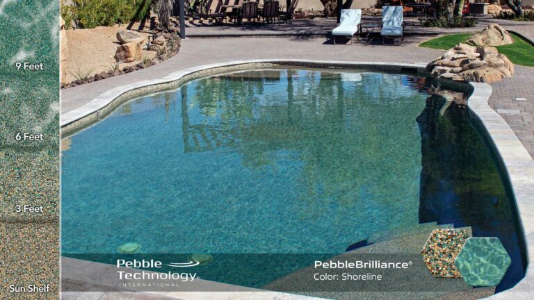 photo of PebbleTec PebbleBrilliance Shoreline Pool Finish Collage