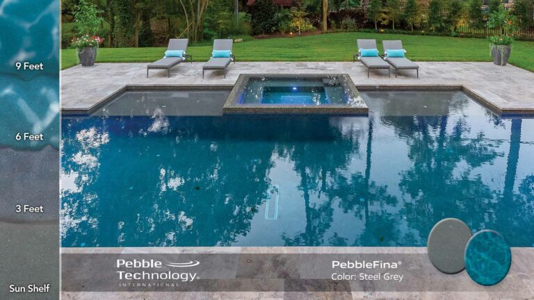 collage photo of Pebble Fine Steel Grey pool finish