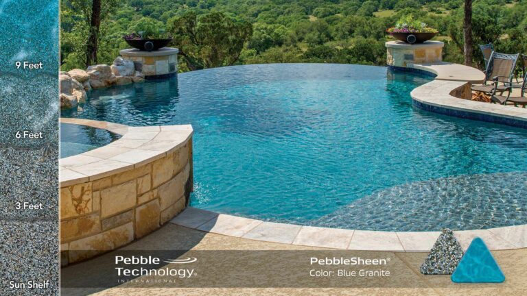 Photo Collage of Pebble Sheen Blue Granite Pool Finish