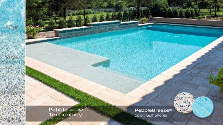 photo of PebbleBreeze Gulf Shores Water Color Pool Finish in a backyard remodel with a water feature