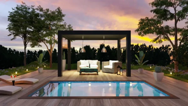Modern pool on a wooden patio.