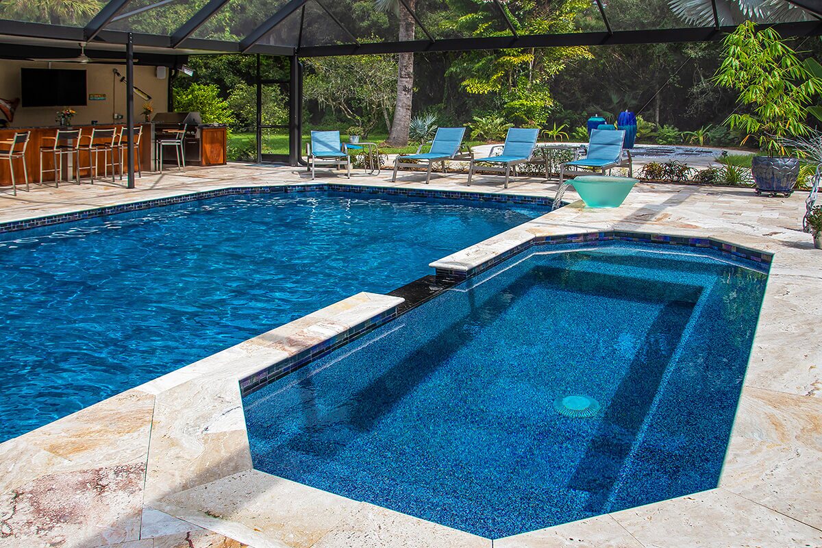 photo of a backyard pool in PebbleTec PebbleBrilliance Deep Cove Pool Finish medium blue water color submitted for World's Greatest Pools 2021