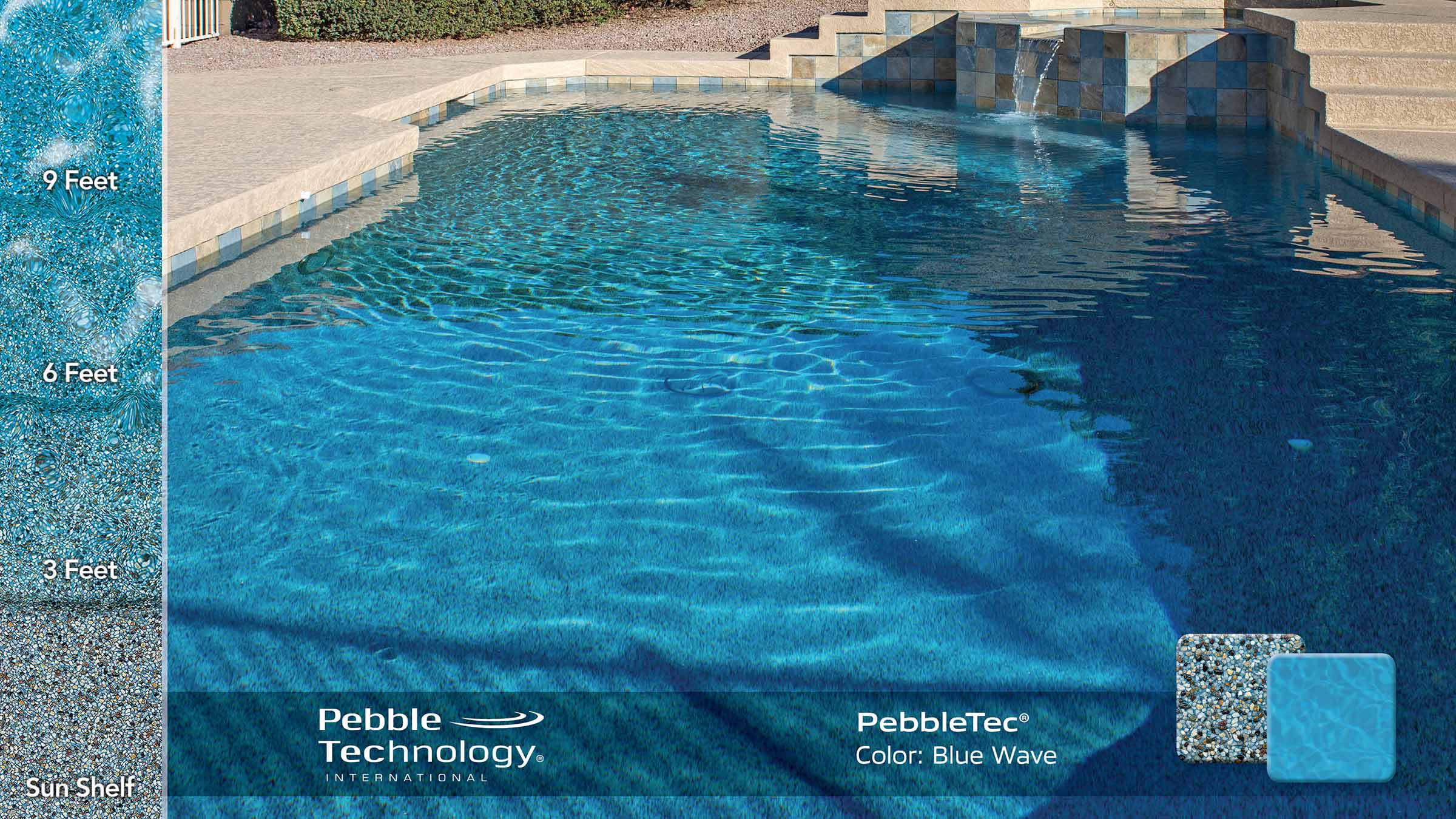 PebbleTec Blue Wave Pool Finish Collage - a vibrant blue pool finish with earthy brown and white pebbles producing a medium blue water color