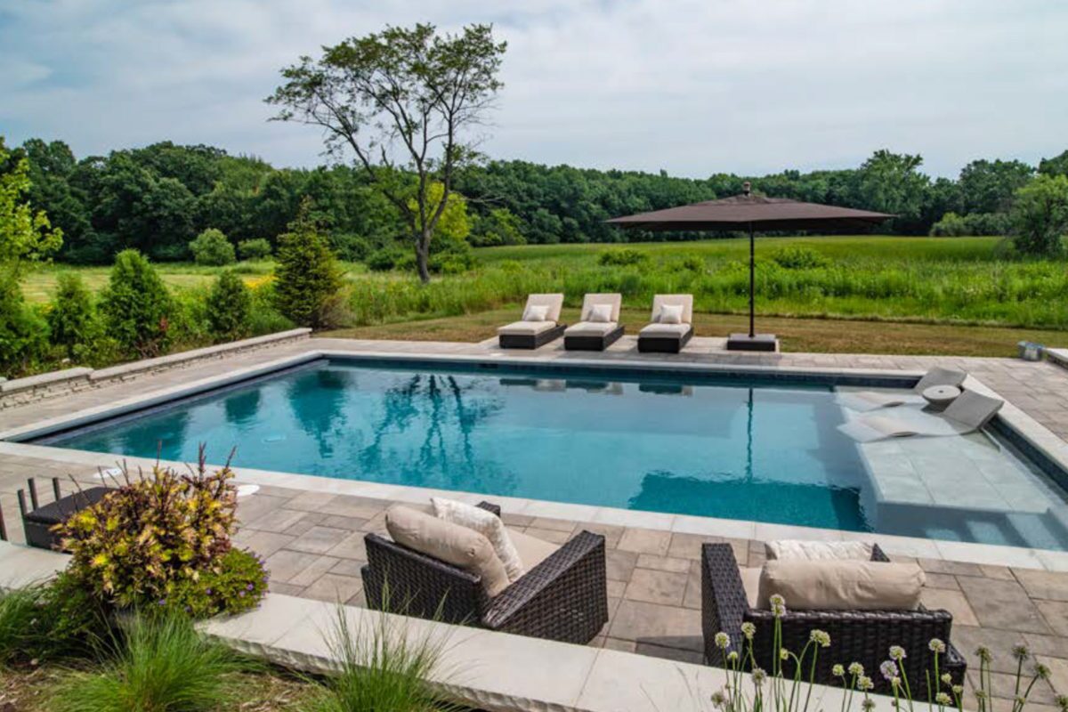 photo of a serene backyard design with a nature view and pool in PebbleTec Moonlight Grey Pool Finish medium water color for World's Greatest Pools 2018
