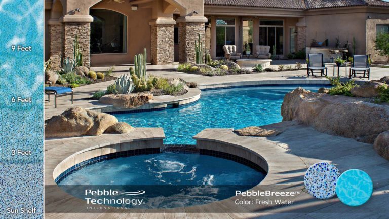 photo of a backyard pool and jacuzzi pool remodel with Lightstreams tile in PebbleBreeze Fresh Water Pool Finish water color