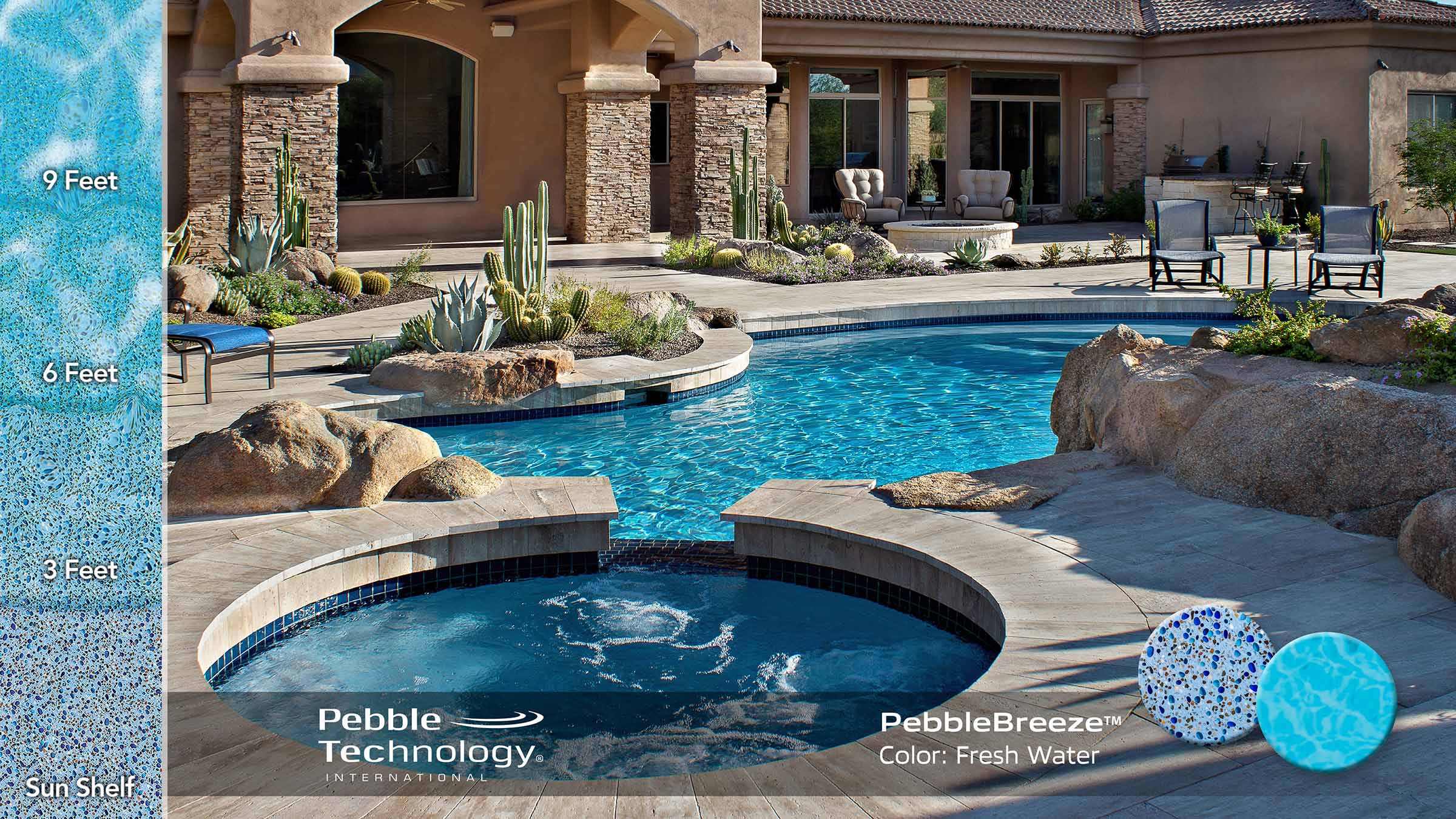 photo of a backyard pool and jacuzzi pool remodel with Lightstreams tile in PebbleBreeze Fresh Water Pool Finish water color