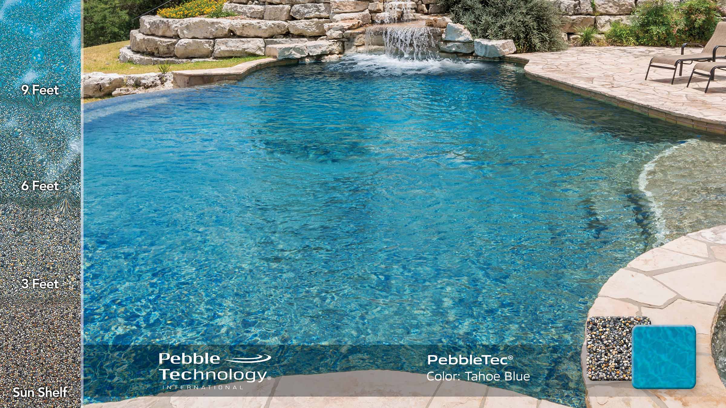 photo of backyard pool design in PebbleTec Tahoe Blue Pool Finish: Earthy gold and grey pebbles blended with dark brown stones produce a medium blue water color.